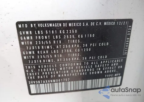 2022 Volkswagen Tiguan 2.0T Se из США, поврежденный, VIN 3VV3B7AX6NM061757